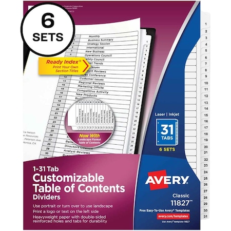 Avery Divider, Ri, 1-31Tab, B&W, 6Pk AVE11827